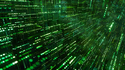 Abstract digital with green binary code and light streaks on black background.