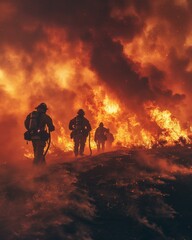 Firefighters walking through a raging wildfire. AI.
