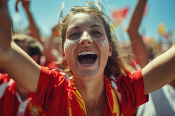 Excited soccer woman fan celebrating team victory