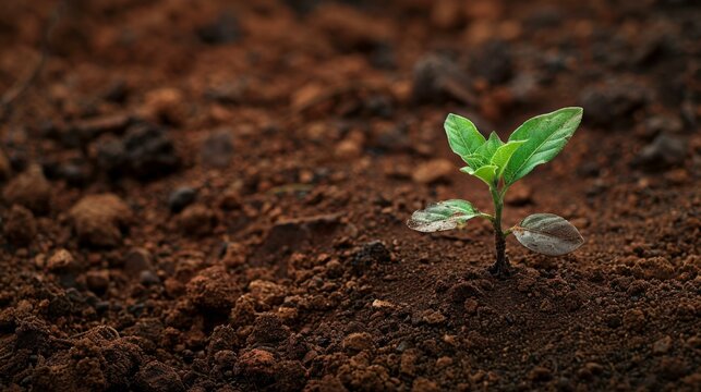 A tiny plant grows out of the dirt. AI.