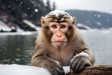 An intrepid monkey making it through a snowy winter beside the water.