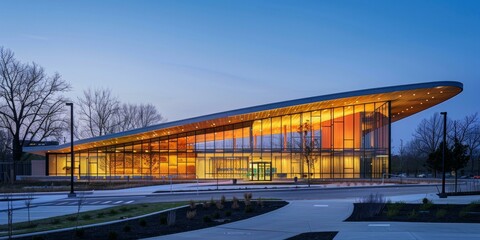 Fototapeta premium Impressive modern glass and steel building with curved roof. AI.