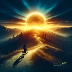 a lone cyclist embarking on a serene journey along a winding mountain trail at sunset
