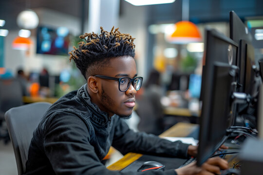 Young black male computer programmer writing code at his desk in his office at a technology company
