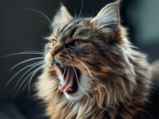 A ginger cat with long fur is yawning. AI.