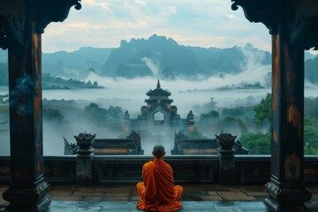 A Buddhist monk sits in meditation in front of a beautiful mountain landscape. AI.
