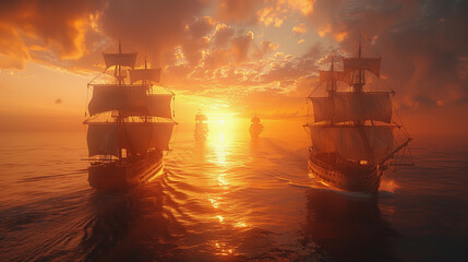 Fleet of Pirate Ships at Sunset