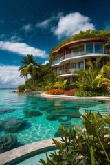 Obraz premium A beautiful house with a pool and a view of the ocean. AI.