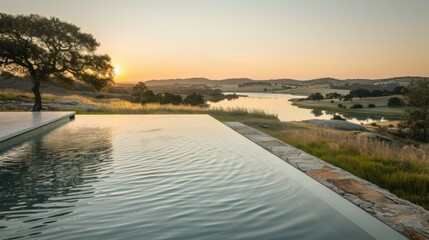 A stunning view of a modern infinity pool overlooking a lake and rolling hills during sunset. AI.