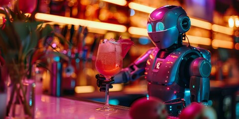 A robot bartender is making a drink at a bar. AI.