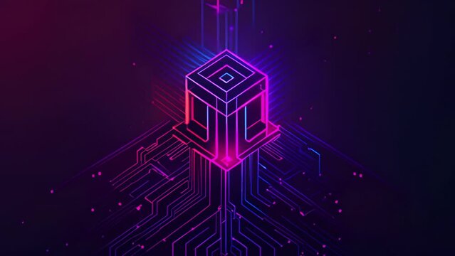 Animated logo for technology company of a colorful violet and blue cube icon with circuits forming around it 