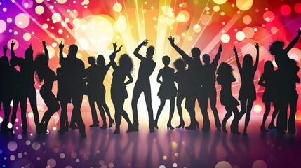 illustration of people dancing in the nightclub as silhouette in front of party rays