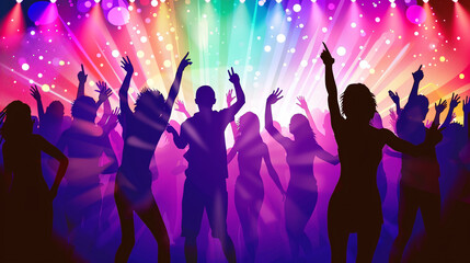illustration of people dancing in the nightclub as silhouette in front of party rays