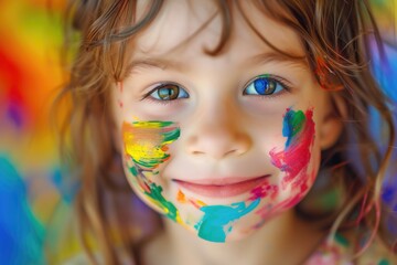 Close up of portrait of skilled children with stained color on face at colored wall with blurring background. Elementary student with casual shirt looking at camera while attend in art class. AIG42.