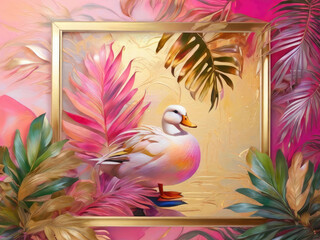 Fototapeta premium Abstract background with colorful leaves and exotic bird.