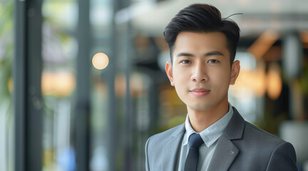 Portrait young confident smart Asian businessman look at camera and smile