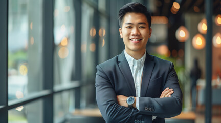 Portrait young confident smart Asian businessman look at camera and smile