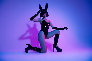 Photo of elegant girl stand knee posing in black rabbit costume leather bodysuit isolated neon...
