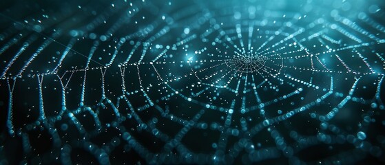 Naklejka premium spider web glistens with dew against a mysterious, dark and empty background , close up