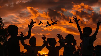 Celestial Symphony of Shadows: A silhouette of children making hand puppets against a sunset sky.