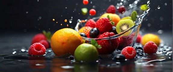 Fototapeta premium water splashing onto mixed fruit, in the style of gray background and colorful fruits