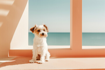 Cute puppy sitting in front of large window with a sea view, pastel colros