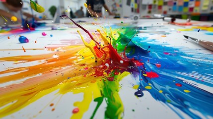 A Canvas of Joy and Laughter: A vibrant painting created by kids using their fingers as brushes and colored paint splattered across a large piece of paper.