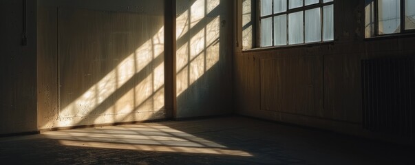 Obraz premium An empty room exposed to sunlight through a window with a wooden floor