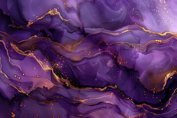 Abstract purple and gold marble swirl background, liquid ink effect
