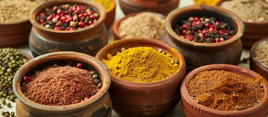 Various kinds of kitchen spices are stored in cups