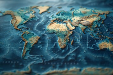 Detailed world map against a blue backdrop showing Earths natural features