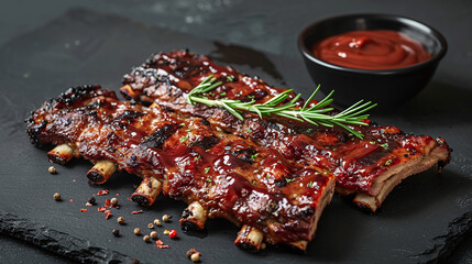 Juicy Grilled BBQ Ribs with Rosemary and Spicy Sauce on Slate Board
