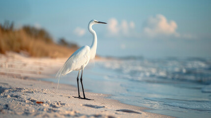 Elegant White Egret Standing on Sandy Beach at Sunrise Ocean Waves in Background - obrazy, fototapety, plakaty