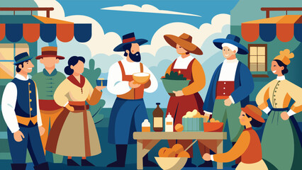 Obraz na płótnie Canvas A lively and historically accurate colonial market scene with actors dressed as merchants selling goods and engaging in lively trade.. Vector illustration
