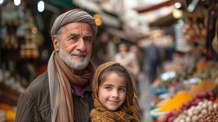 Elderly Man and Young Girl Smiling at Market with Fresh Produce in Background