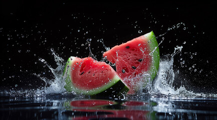 Watermelon splashing with water and a black background, background concept. Generative AI.