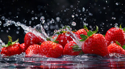 Strawberries splashing with water and a black background, background concept. Generative AI.