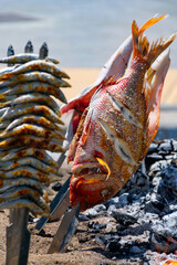 Skewers of octopus, sea bream, shrimp and sardines, grilled over a wood fire in a boat on the sand of the beach. Typical dish from Malaga, Andalusia, Spain.