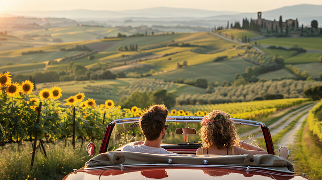 Fototapeta Romantic Sunset Drive Through Sunflower Fields in Red Convertible Car