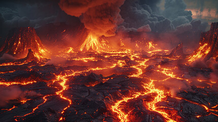 Majestic Volcanic Eruption with Fiery Lava Flows and Ash Clouds at Night