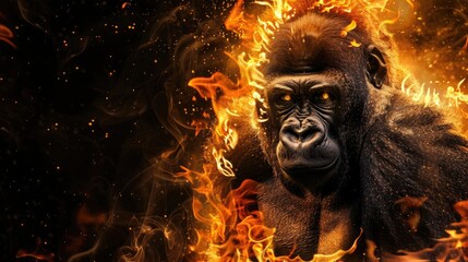 Cute wild animal gorilla, isolated black background. Power of blazing fire flame.