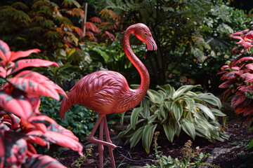 A pink flamingo lawn ornament standing in a pink garden.