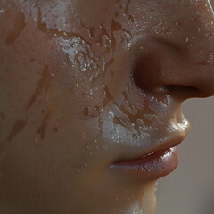 Fototapeta premium Close-up of facial skin, pores and irregularities on the surface, facial skin of a young European man, water drops after washing, visible nose and lips, profile shot, 3D rendering