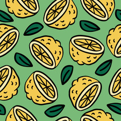 Seamless pattern with sliced lemons and leaves. Hand drawn citrus pattern. Vector illustration