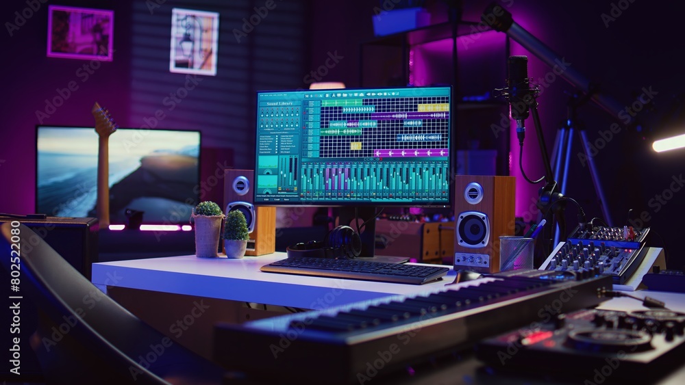 Aufkleber empty studio at home equipped with mixing soundboard panel and other musical instruments, music indu