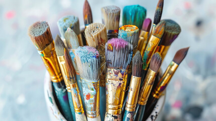 Fototapeta premium Close Up of Colorful Paint Brushes in Artist Studio with Paint Splatters