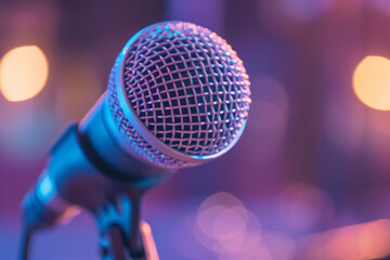 closeup of a microphone under colorful stage lighting