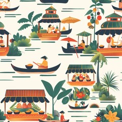 Simple Seamless Thailand Themed Pattern with Floating Markets and Traditional Boats

