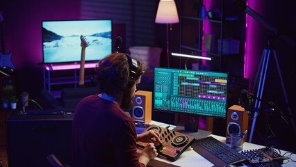 Sound engineer synchronizing video and audio tracks in his home studio, editing techniques on...