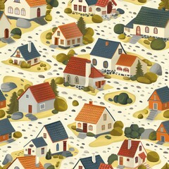 Seamless Pattern of Cobblestone Streets with Colorful Houses

